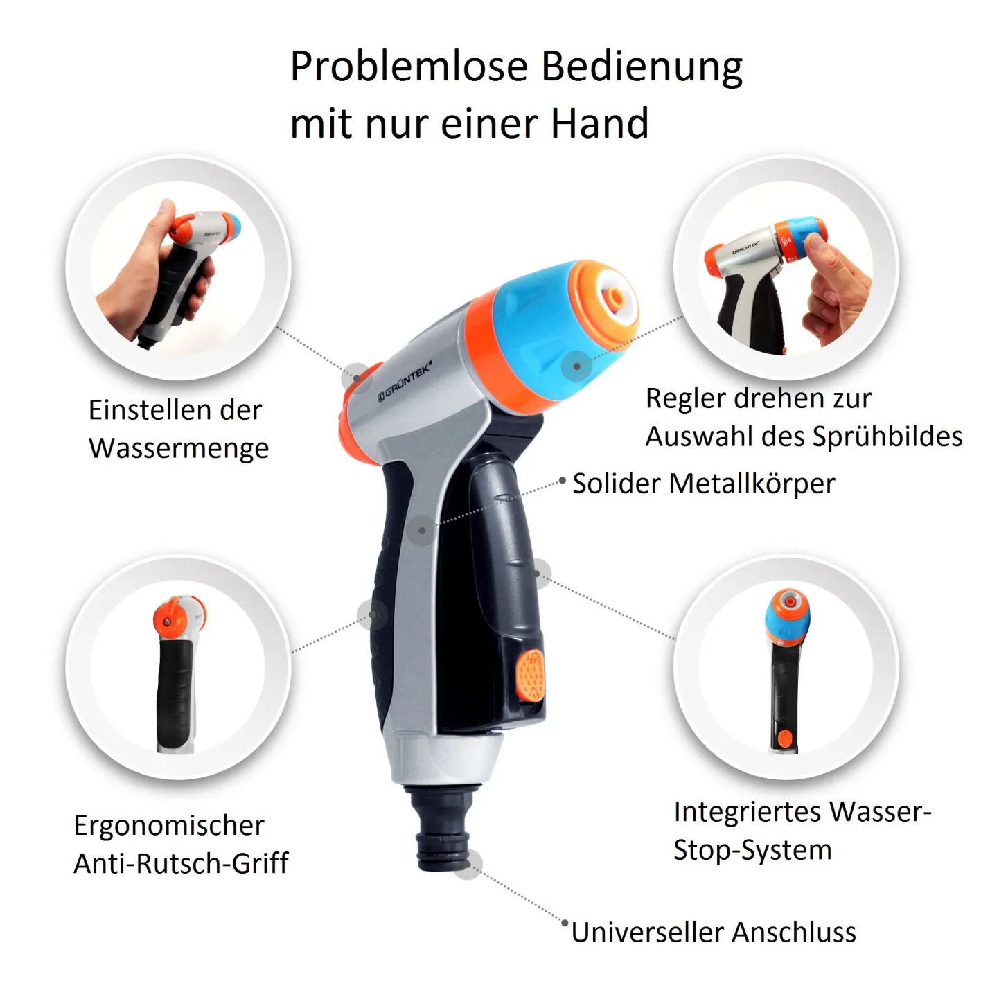 GRÜNTEK verstellbare Spritzpistole mit 3 Düsen, Garten-Spritze, Metall Gartenbrause. Einstellbare Handbrause für Garten, Autowaschen und Zuhause, stoßfest und leichtgewichtig